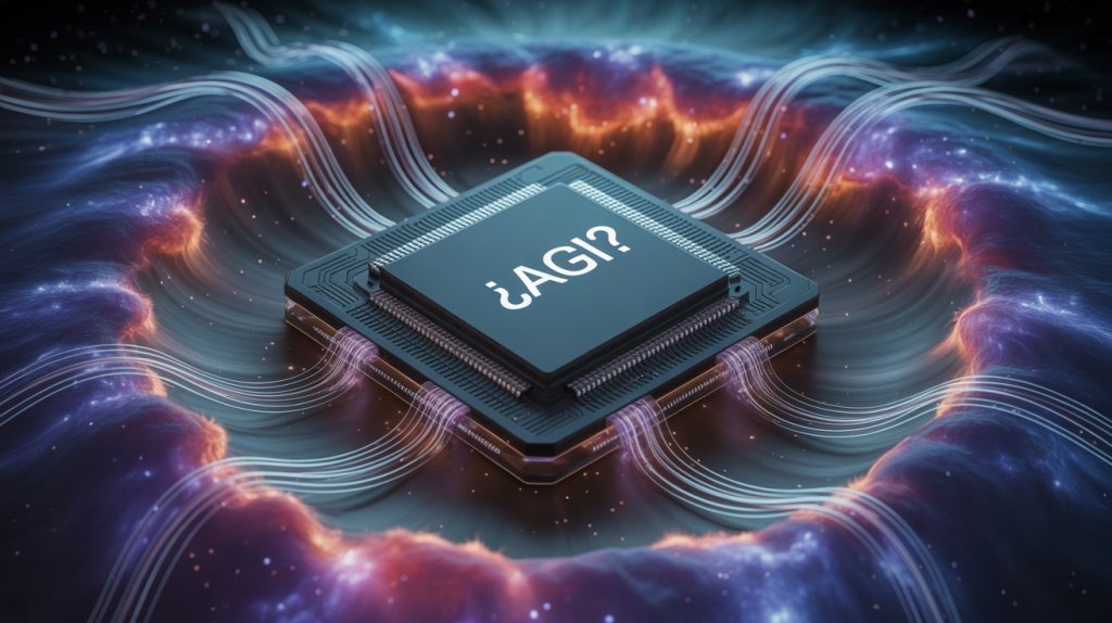 Una imagen de un chip con grabado "¿AGI?" El diseño es futurista, el chip está en medio de una nebulosa en el espacio, de las patas del chip se extiende dentro de la nebulosa
